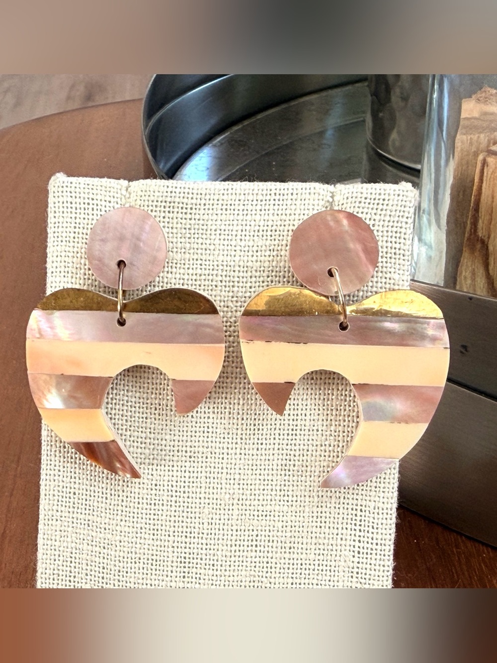 Vintage Artisan Mother of Pearl Heart Statement Earrings Lightweight
